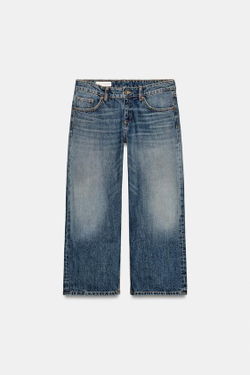 ZARA УКОРОЧЕННЫЕ ДЖИНСЫ TRF WIDE-LEG С НИЗКОЙ ПОСАДКОЙ, СИНИЙ