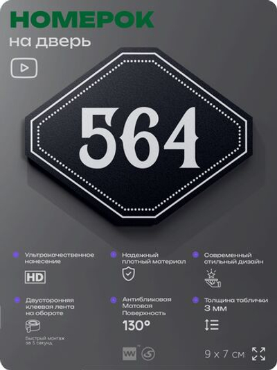 Номерок на дверь квартиры 564, для кабинета, офиса, шильдик 9 х 7 см, черный, Айдентика Технолоджи