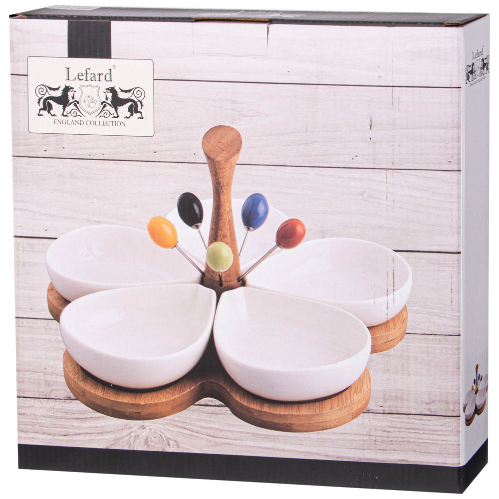 МЕНАЖНИЦА LEFARD "NATIVE" 5 СЕКЦИЙ 200 МЛ НА ДЕР. ПОДСТАВКЕ С ДЕР. РУЧКОЙ, 5 ВИЛОЧЕК (КОР=8НАБ.)