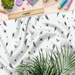 Ткань кулирная гладь нарисованные листья на белом фоне