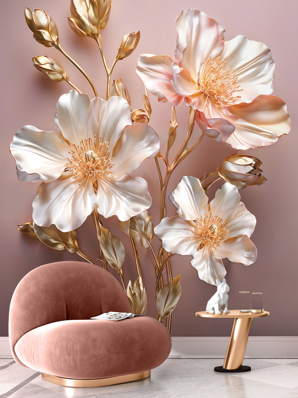 3D Фотообои светлые золотые цветы