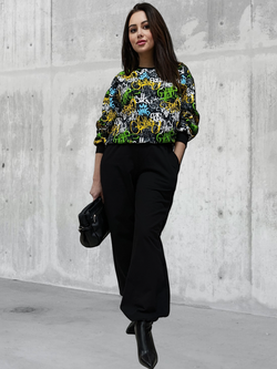 20833 Костюм женский (брюки палаццо и свитшот) футер 2-х нитка начес граффити/черный (52)