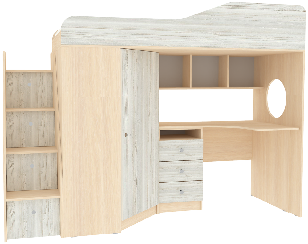 Кровать-чердак КарИВи Кадет 1 с универсальной лестницей  Дуб Молочный Винтерберг