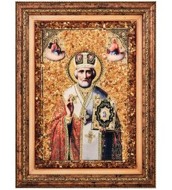 AMB-01/13 Икона «Николай Чудотворец» (с янтарной крошкой) пласт.рамка H-37см