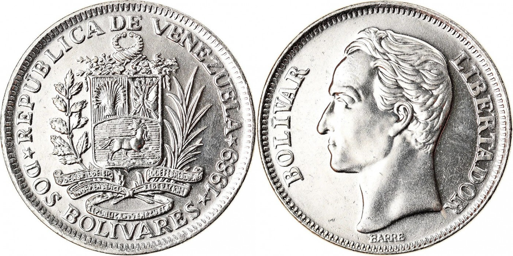 Венесуэла 2 боливара, 1989 Симон Боливар XF