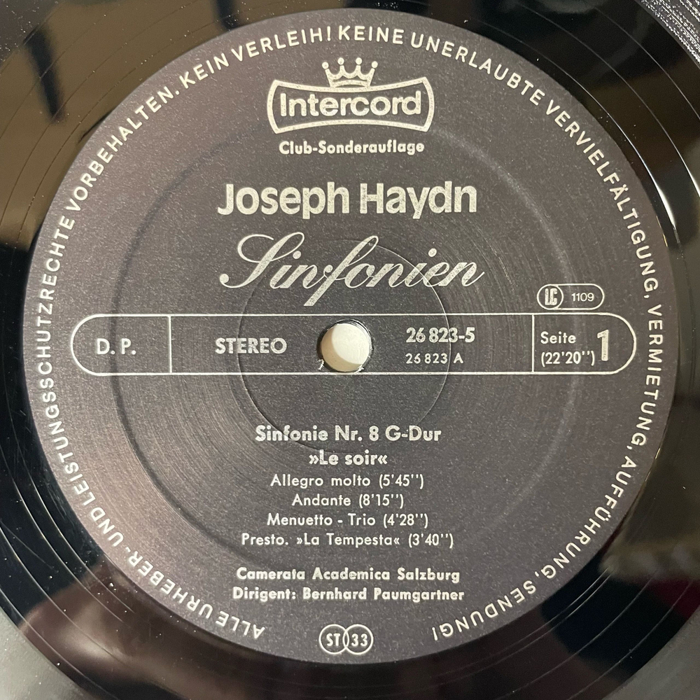 Винтажная виниловая пластинка LP J. Haydn Йозеф Гайдн, Camerata Academica Salzburg, Bernhard Paumgartner, Симфония Sinfonien Nr. 8 (Германия 1980)