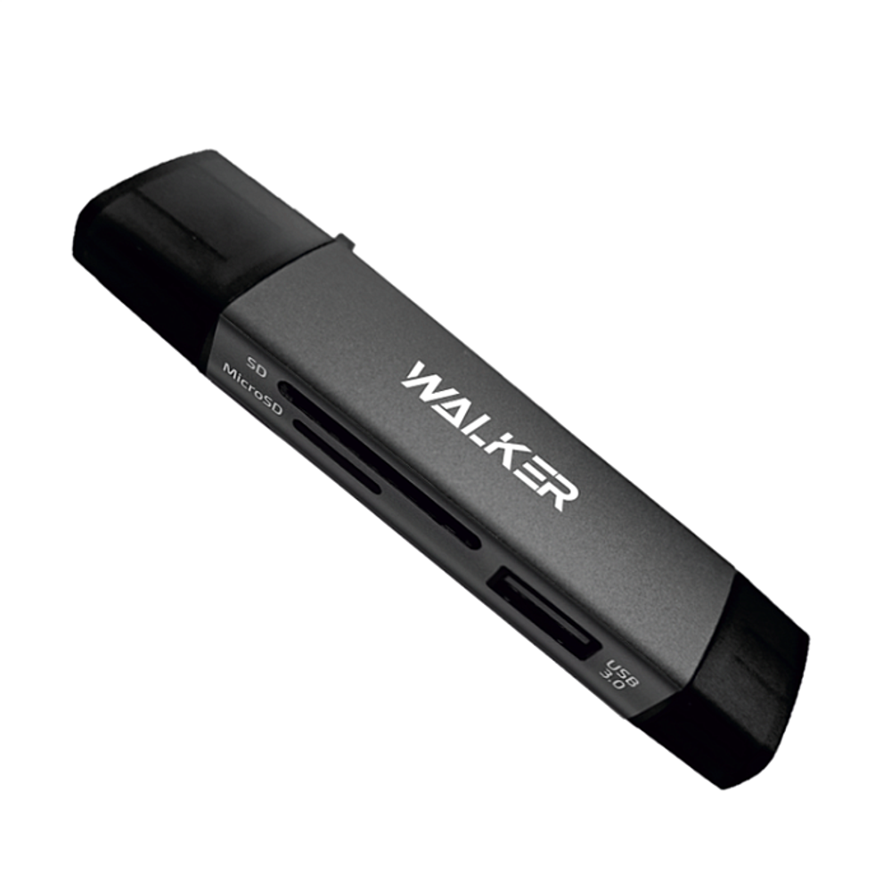 Картридер WALKER WCD-83 (SD/micro SD/USB), Type-C-USB-MicroUSB, металл, серый