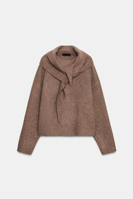 ZARA СВИТЕР С ШАРФОМ, СЕРО-КОРИЧНЕВЫЙ МЕЛАНЖ