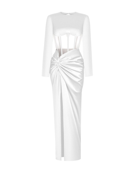 Платье макси корсетное драпированное из сатина с длинными рукавами