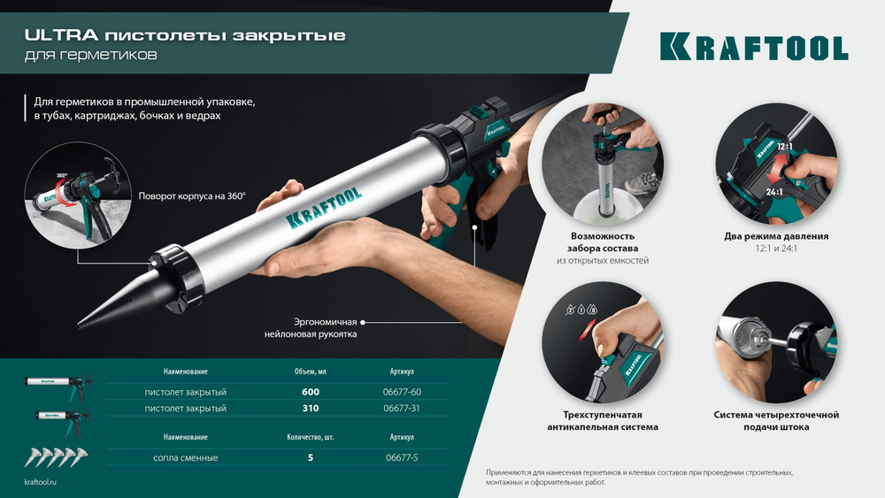 KRAFTOOL ULTRA 600 мл, прямой забор, регулировка силы давления, вариативная антикапельная система, закрытый пистолет для герметика (06677-60)