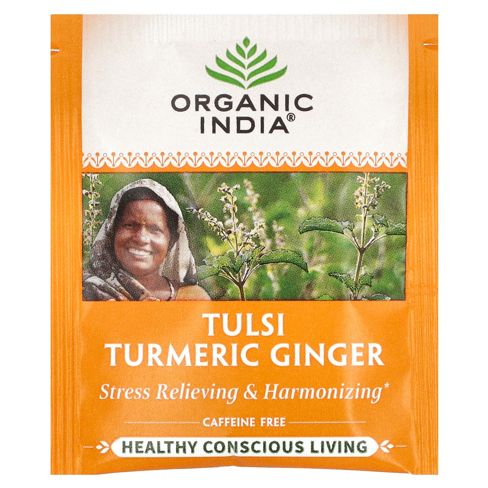 Organic India, чай тулси с куркумой и имбирем, без кофеина, 18 пакетиков для заваривания, 34,2 г (1,2 унции)