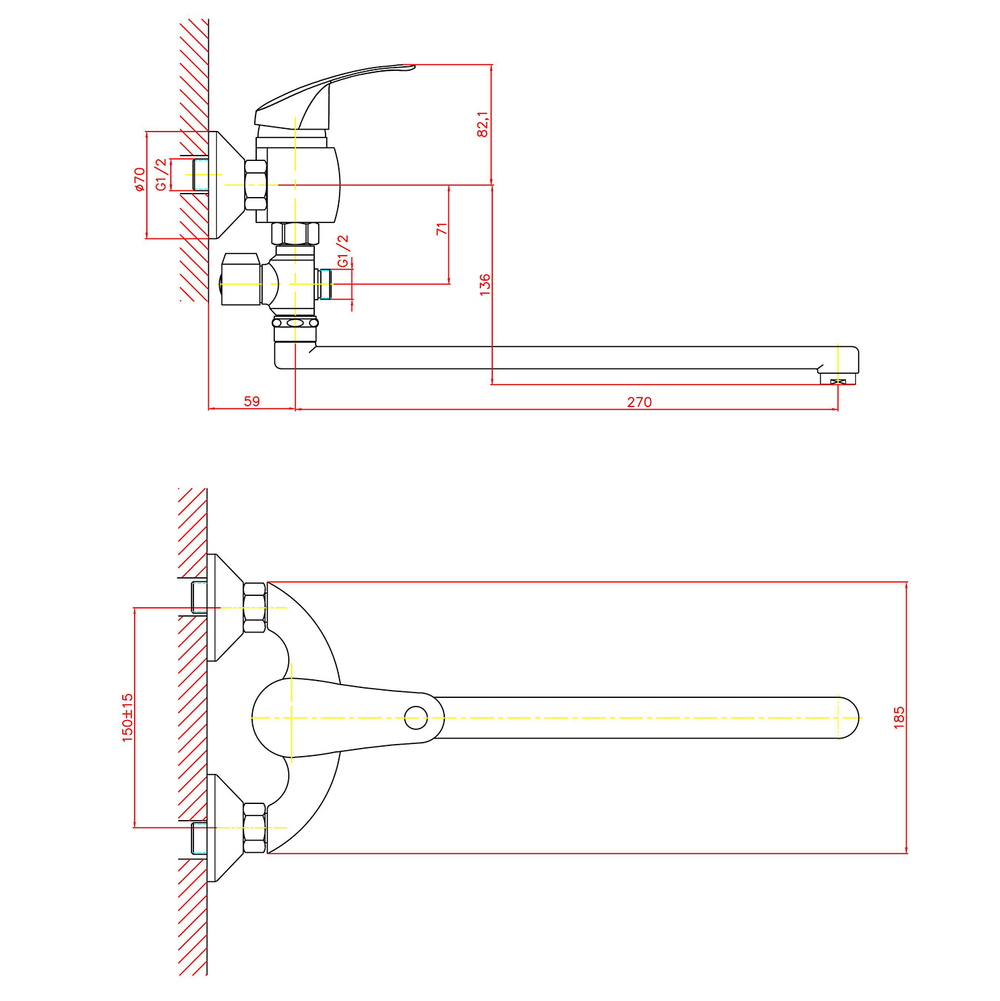Смеситель для ванны и раковины 40к CN2121 CRON L-излив 300 мм, ХРОМ