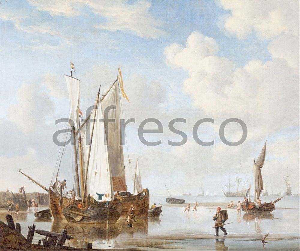 Фреска Willem van de Velde the younger and studio, A wijdschip and a kaag in an inlet close to a sea wall