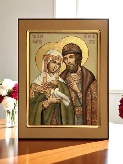 Петр и Феврония Муромские святые покровители семьи. Деревянная икона на левкасе