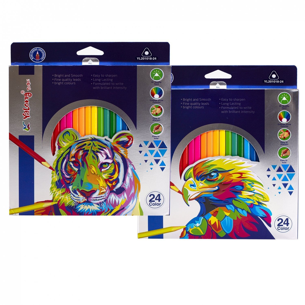 Карандаши цветные Yalong 24 цв., "Гравюра" деревянные, трехгранные, заточенные, грифель 3.0 мм, картон. уп., европодвес