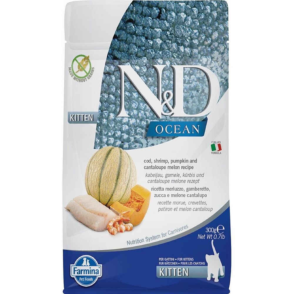 Сухой беззерновой корм N&amp;D OCEAN для котят с треской, креветкой, тыквой, дыней 300г