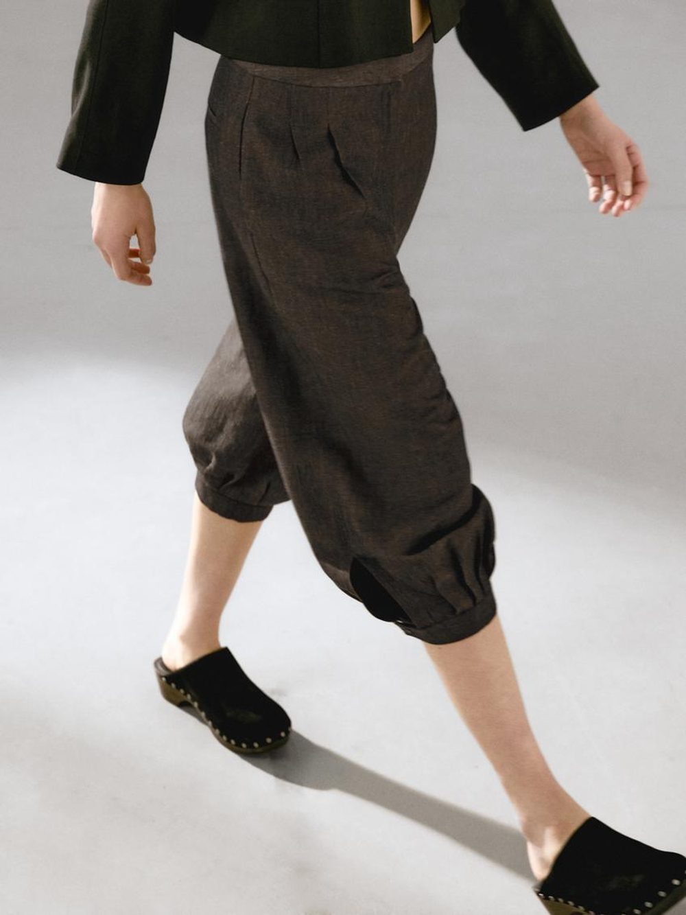 Massimo Dutti Брюки капри объемного кроя из смесового льна, коричневый