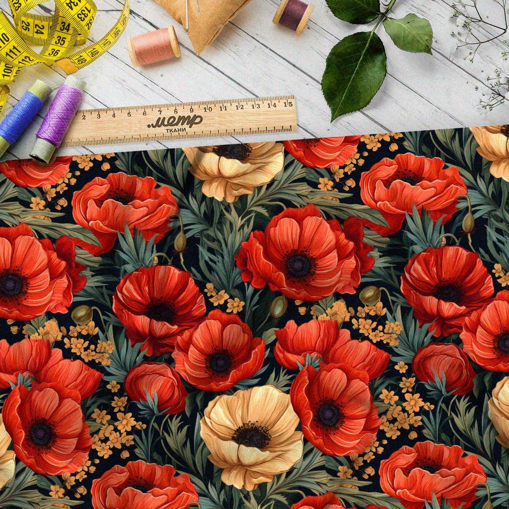 Ткань Барби крупные маки на серых листьях