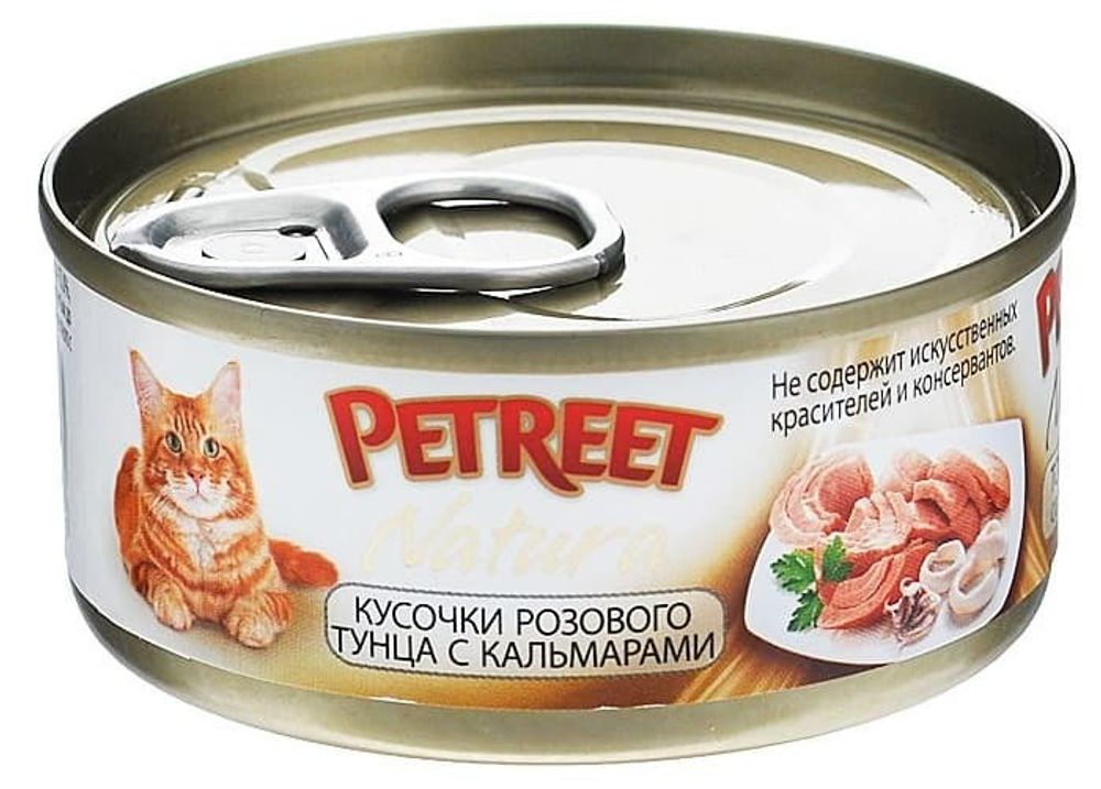 Petreet консервы для кошек кусочки розового тунца с кальмарами 70 г