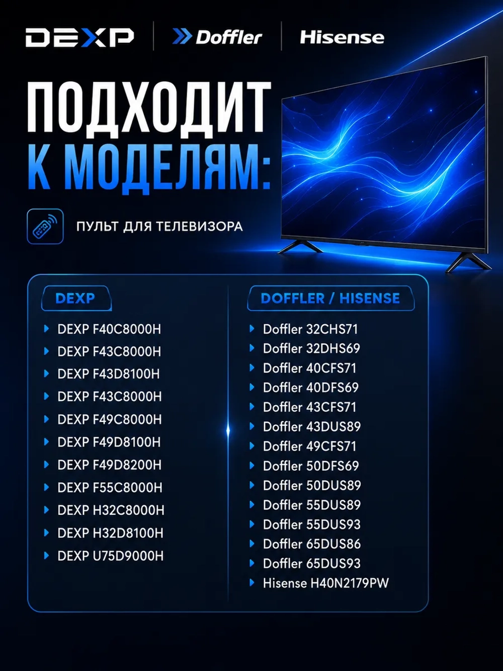 Пульт Huayu EN2B27D для телевизора Doffler, DEXP, Hisense PDUHOB2001