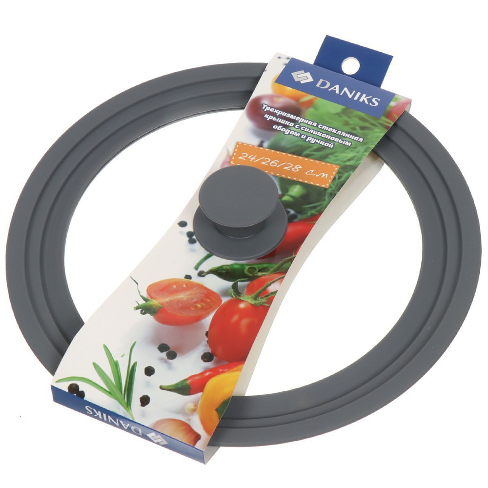 Крышка для посуды стекло, 28 см, Daniks, кноп бакелит,силикон, сер, 24,26,28 см, с ободом, HA240_1