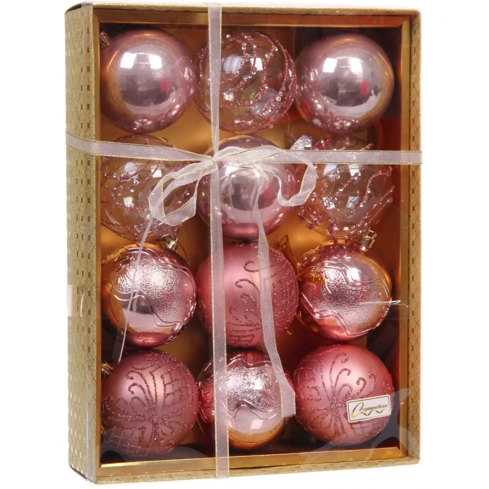 Новогодние шары «Волшебство ночи» 8 см (набор 12 шт), Розовое золото