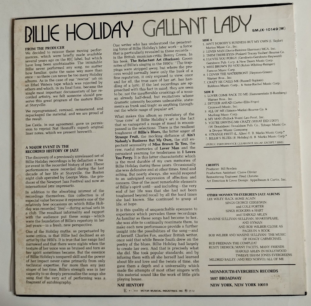 Винтажная виниловая пластинка LP Billie Holiday Gallant Lady (Japan 1972) (No Obi)