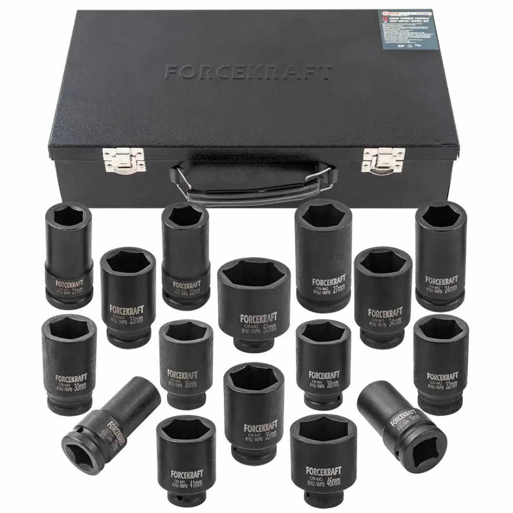 Набор головок ударных глубоких 3/4''16пр.(17,19,21,22,24,27,30,32-36,38,41,46,50) в кейсе FORCEKRAFT FK-6162-5MPB