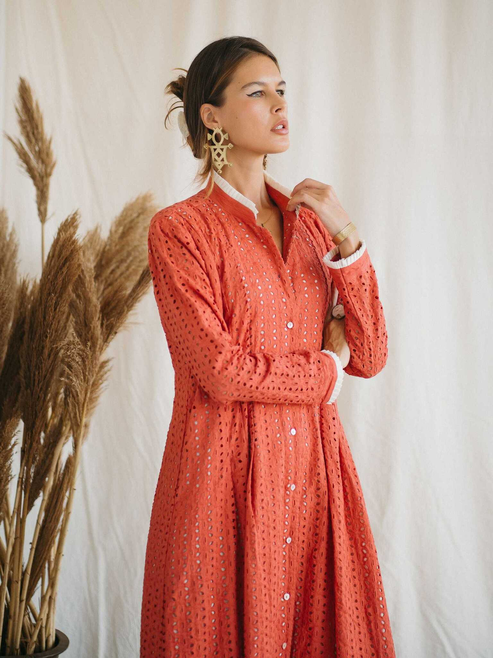 Платье макси из прошвы (коралл)