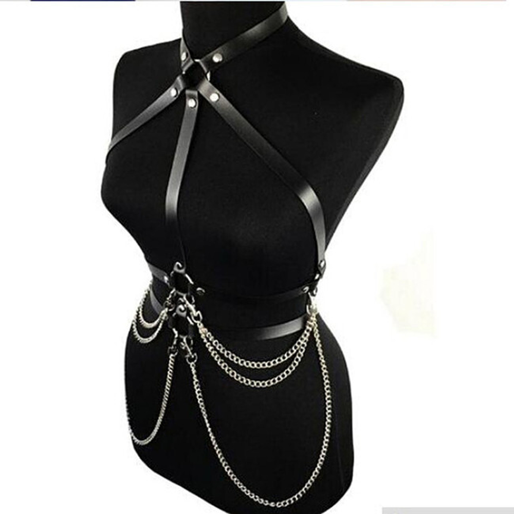 Черная портупея с ошейником и цепочкой One Size (40-50) (Цвет: черный)