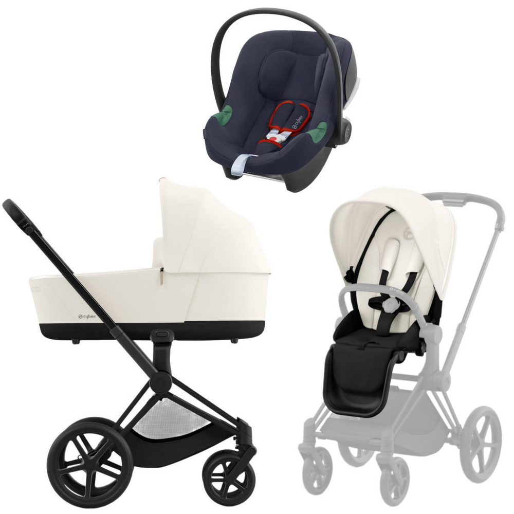Коляска 3 в 1 Cybex Priam IV Matt Black complete и автокресло Aton B2 i-Size Bay Blue Off White