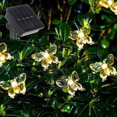 Гирлянда для улицы «Бабочка» 5 м 20 ламп LED чёрный провод, 8 реж.,IP-55, Теплый белый (солнечная батарея)