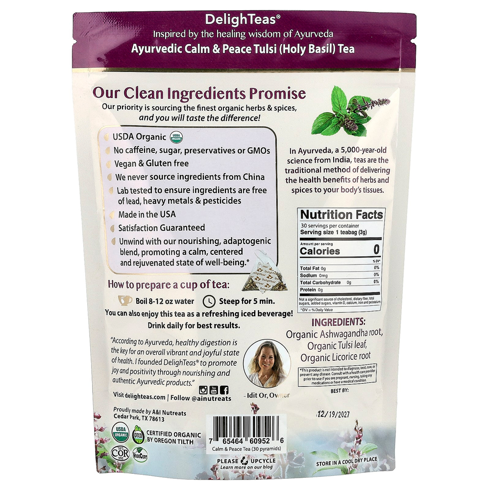DelighTeas, Аюрведический чай с базиликом (Tulsi), без кофеина, 30 роскошных чайных пакетиков «Пирамида», 90 г (3,2 унции)