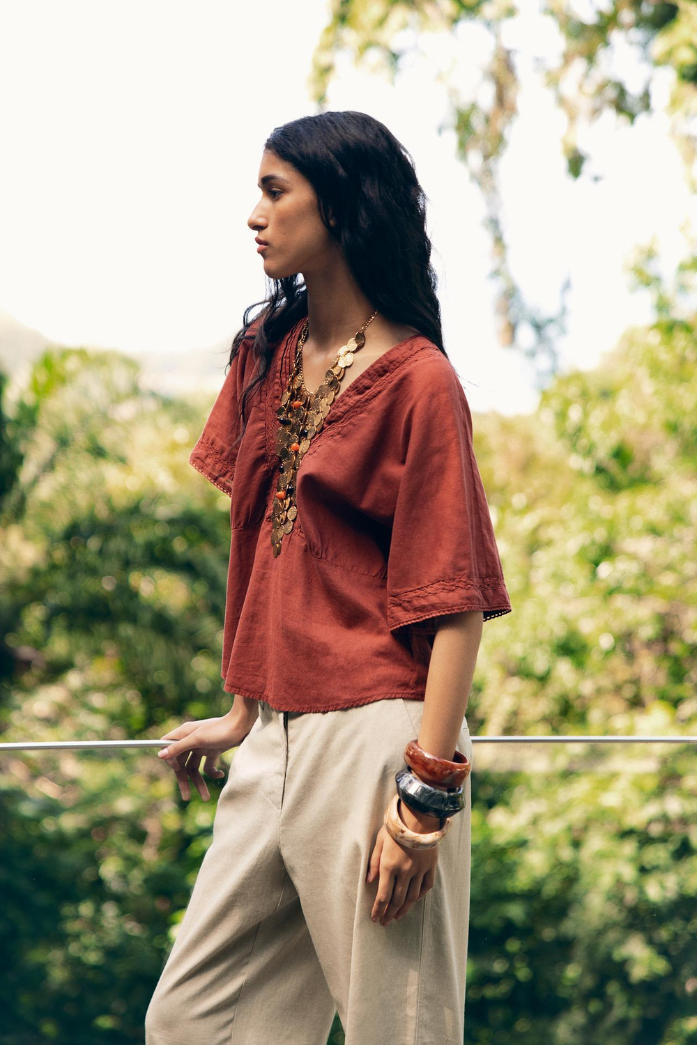 ZARA ТОП ИЗ СМЕСОВОГО ЛЬНА С КРУЖЕВОМ, ТЕРРАКОТОВЫЙ