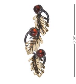 AM-4065 Брошь «Листики Дуба Трио» (латунь, янтарь)