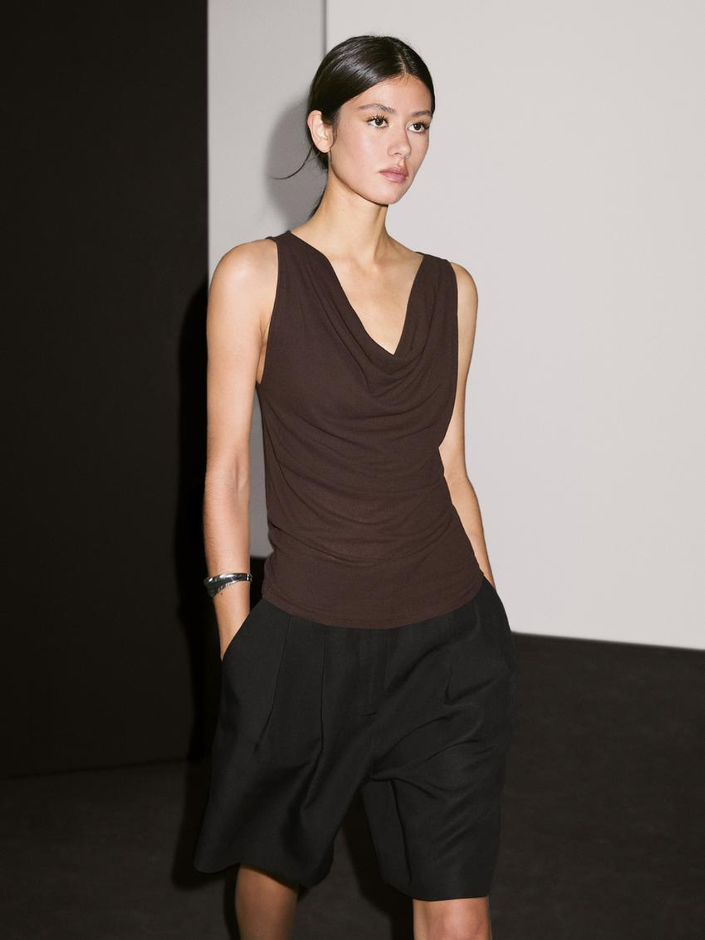 Massimo Dutti Топ с открытыми плечами, коричневый