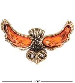 AM-2037 Брошь «Сова Охотник» (латунь, янтарь)