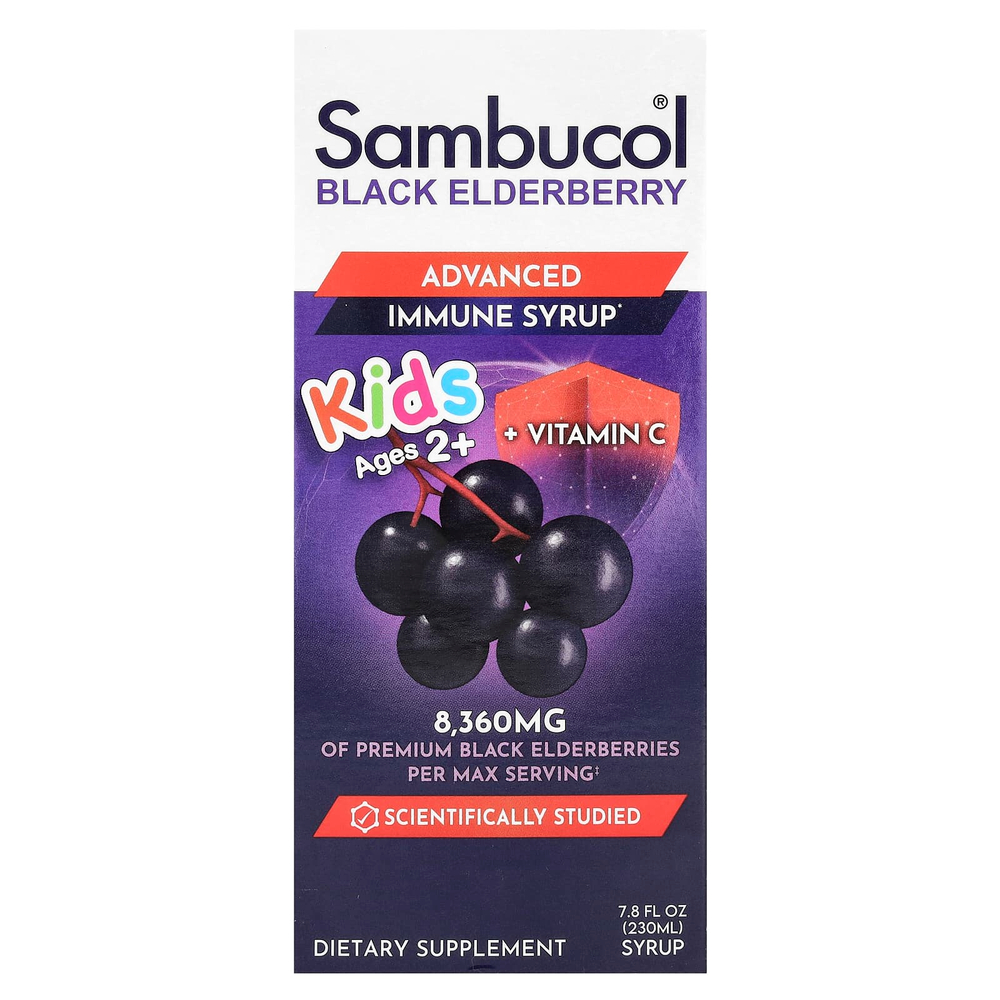 Sambucol, Kids, черная бузина, улучшенная формула сиропа для укрепления иммунитета, для детей от 2 лет, 8360 мг, 230 мл (7,8 жидк. унции)