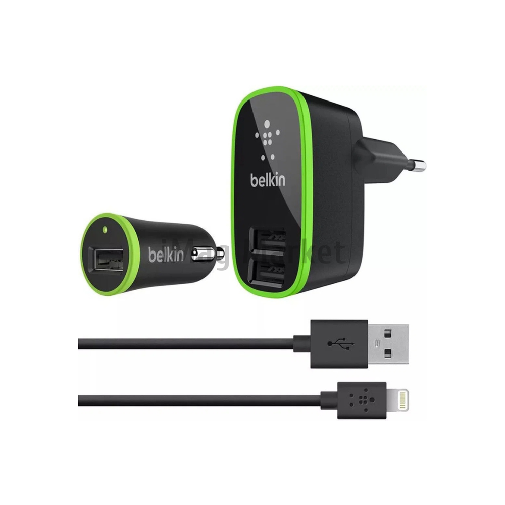 Автомобильное зарядное устройство Belkin, 1 USB-A, 10W, 2.1A + сетевое зарядное устройство, 2 USB-A, 10W, 2.1A + кабель Lightning, 1.2 м, черный (no original)