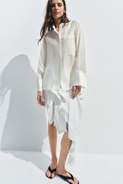 ZARA РУБАШКА С ВЫШИВКОЙ И КАРМАНОМ — ZW COLLECTION, БЕЛЫЙ