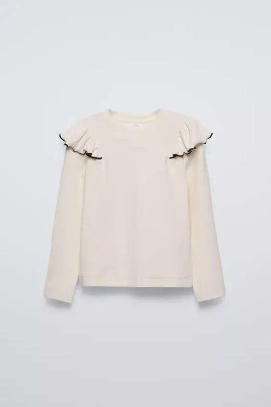 ZARA ФУТБОЛКА В РУБЧИК С ВОЛАНОМ, ЭКРЮ