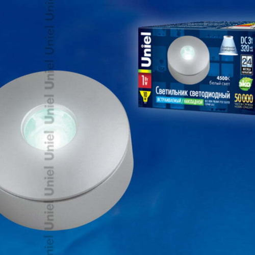 ULE-R04-1W/NW IP33 SILVER картон Светильник светодиодный. 2 способа монтажа: встраиваемый, накладной. Ток 350мА. Корпус пластик, цвет серебро. Цвет св