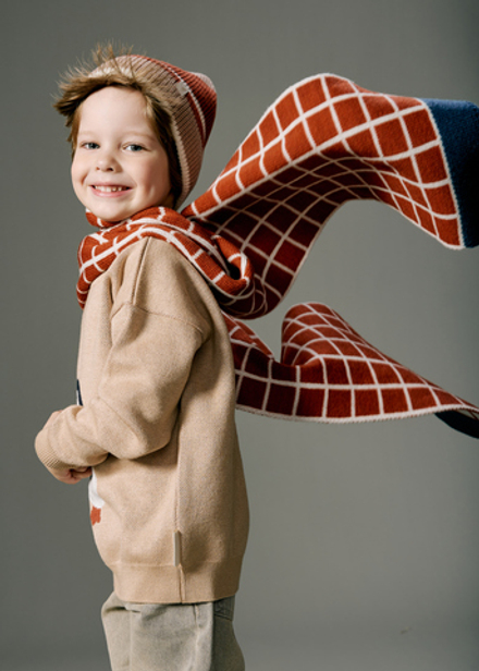 Шарф вязаный "Клетка" (экрю+терракот)