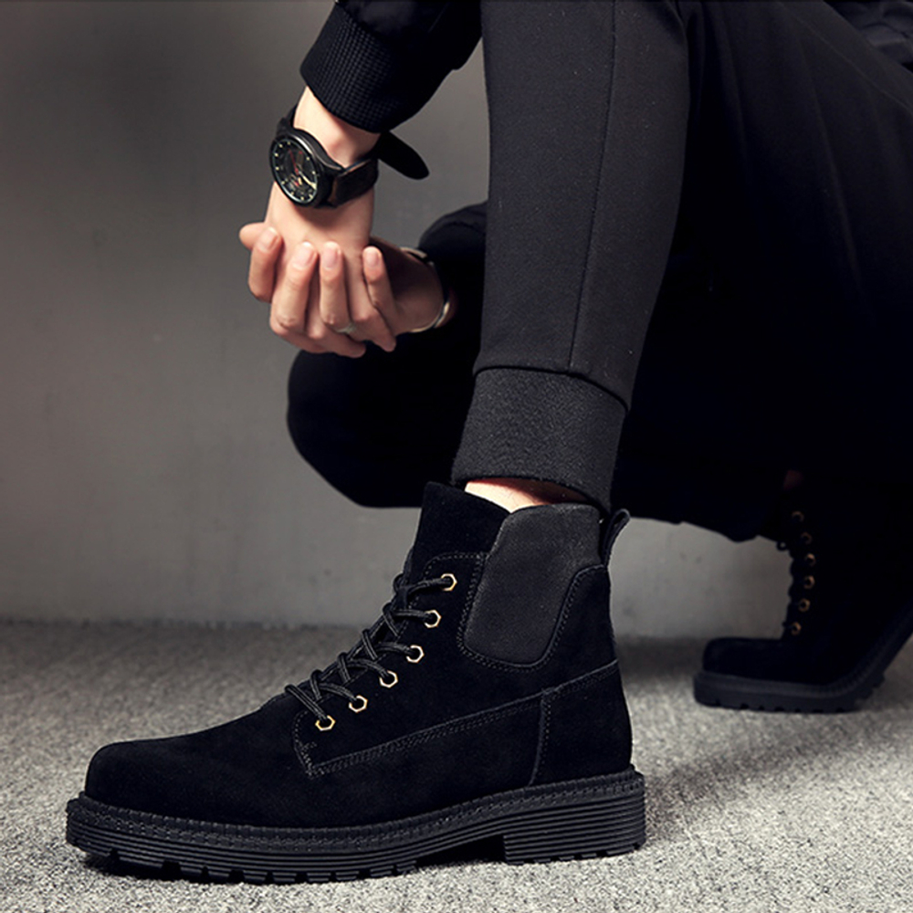 Devanro Cow Suede Short Combat Boots Men"s Black