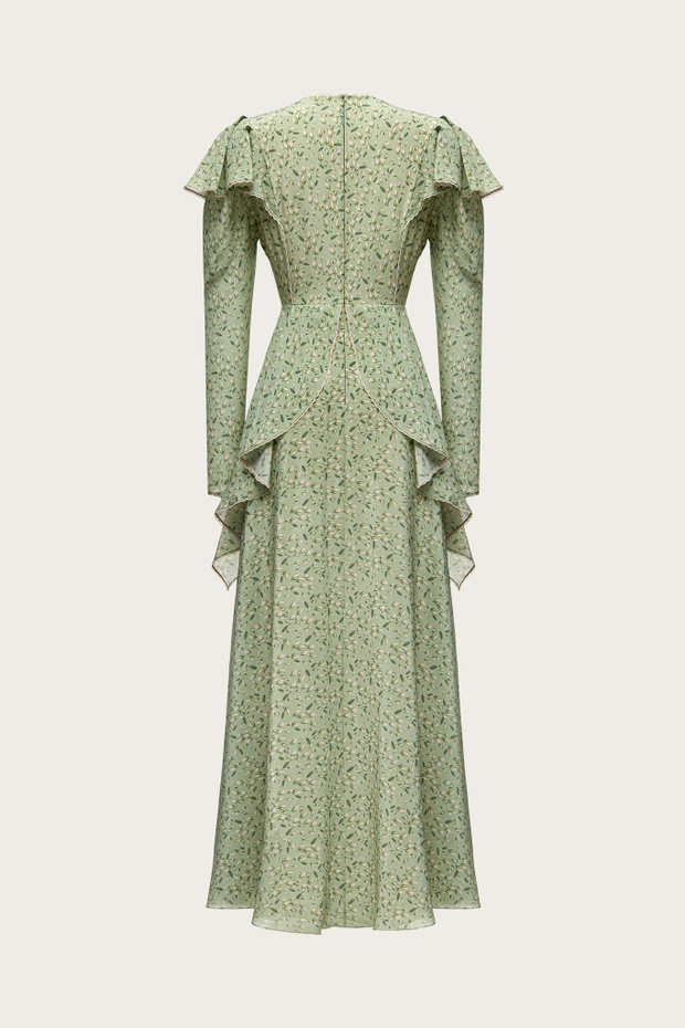 Платье-макси из зеленого шелкового крепдешина с авторским принтом