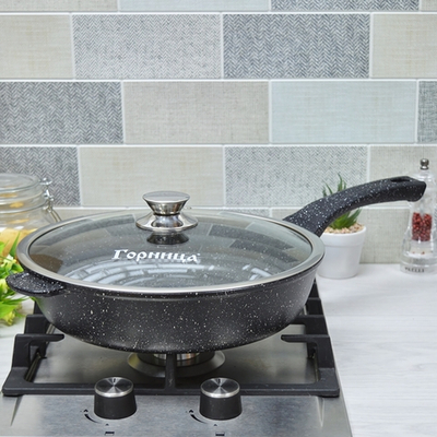 Сковорода 28см высота 7см Гранит с несъемной ручкой и стеклянной крышкой, с2852аг