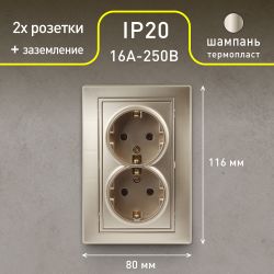 Розетка Intro Plano 1-205-04 с заземлением двойная 2X2P+E Schuko, 16А-250В, IP20, СУ, шампань