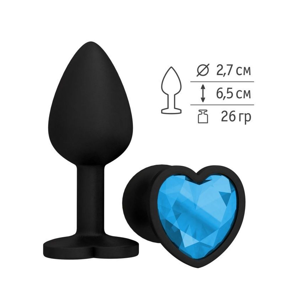 508-05 AQUA-DD / Анальная втулка силиконовая черная с голубым кристаллом сердце