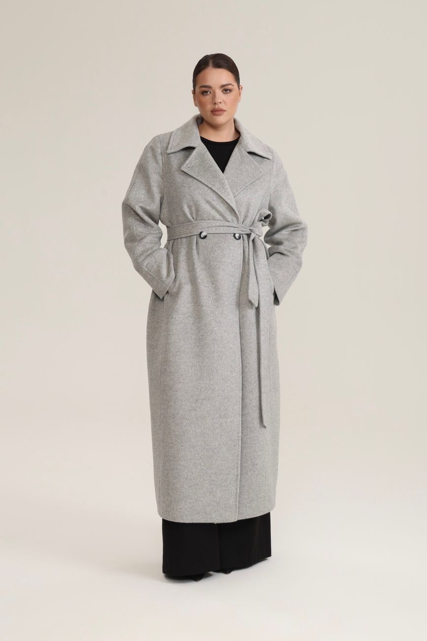 Пальто двубортное с отстрочкой, светло-серый