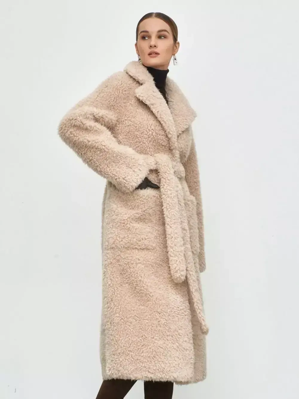 Шуба женская чебурашка тедди пальто из шерсти мериноса, бежевая, SilverFox